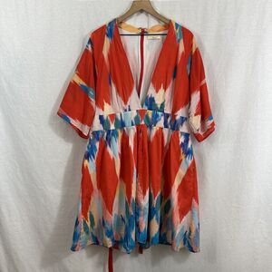 Wayward Fancies Red Ikat Kimono Sleeves Vneck Plunge Dress Womens Size 2X/22W